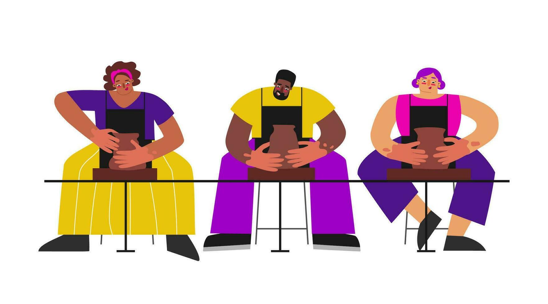 Vector flat illustration about workshop in clay studio. Adult groups of people women and African American man make ceramic dishes on wheel throwing. Pottery class is creative hobby and art therapy