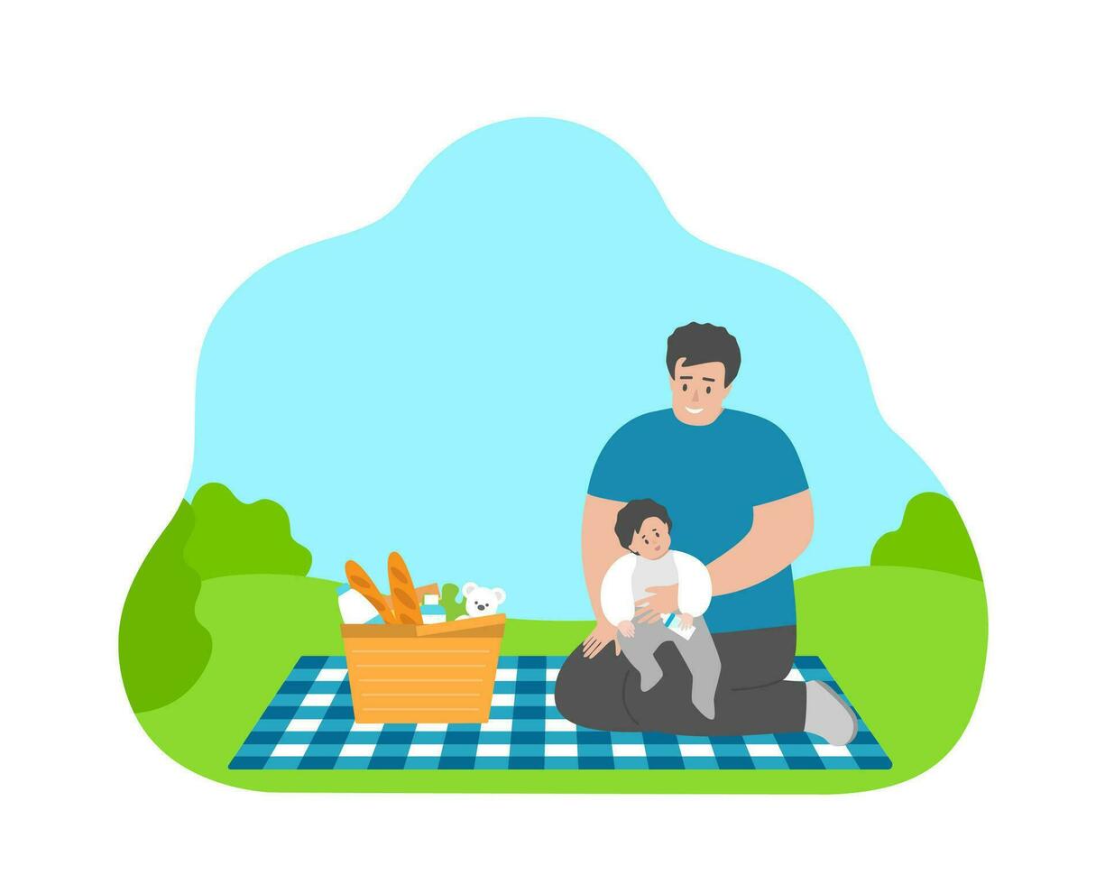 Isolated vector flat concept with cartoon asian dad and son together. Father sits with little baby on the hands. Summer weekend on the picnic showing happy moments of childhood, fatherly love and care
