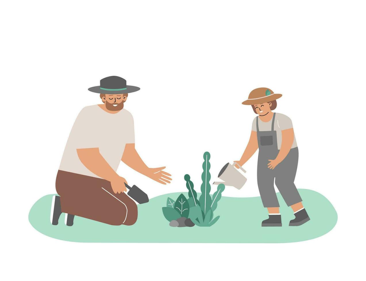 Vector flat concept. Caucasian father plants flowers by spatula. Smiling baby waters leaves in garden. Holidays with family. Happy dad love to spend day with little child and care for nature together
