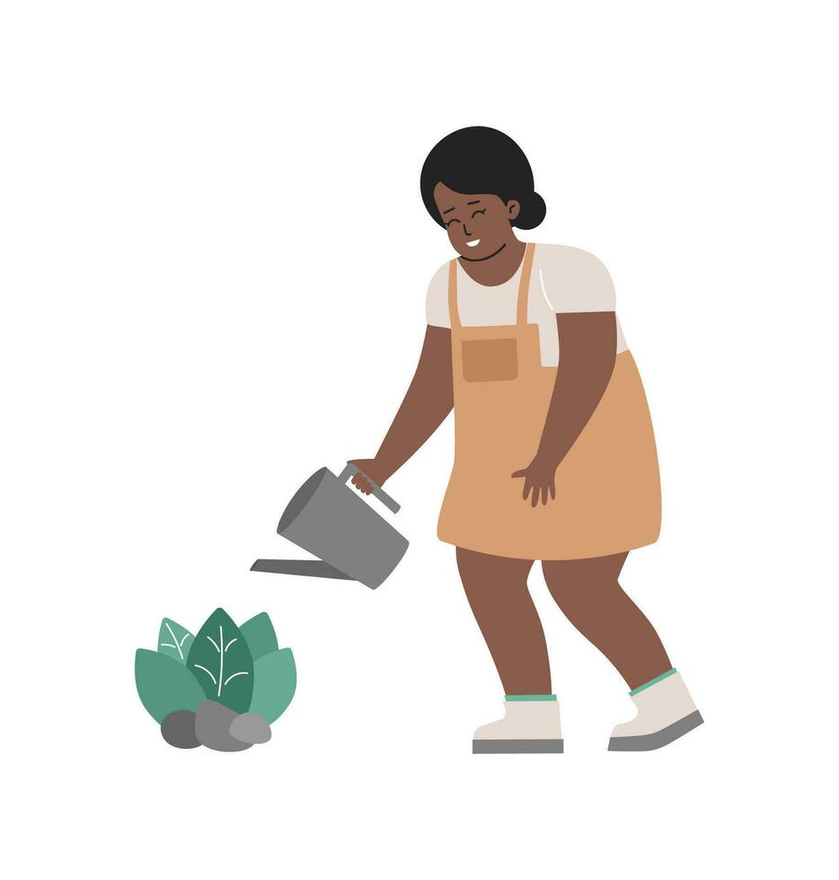 vector aislado plano ilustración con dibujos animados persona plantando en jardín. sonriente pequeño africano americano niña aguas hojas con riego poder. contento fin de semana de jardinero en naturaleza. blanco antecedentes