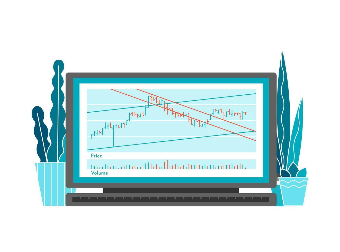 Vector concept with flat computer on desk in home office. Online technology for investors on stock exchange. Data analysis on bar chart, decision to buy or sell shares. Financial market instruments