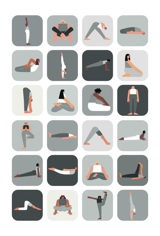 vector ilustración conjunto para pegatina paquete con yoga posa plano monocromo colección en vertical a4 póster con asiático, africano y caucásico mujer haciendo deporte ejercicios me gusta asanas, estiramiento