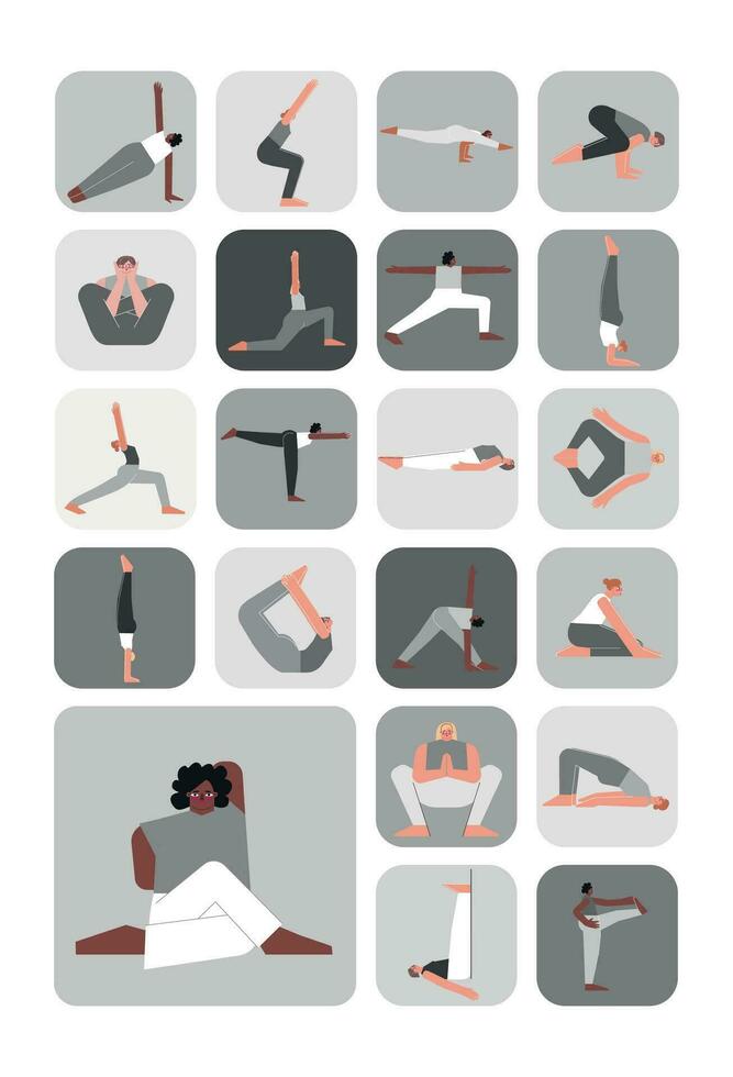 vector ilustración conjunto para pegatina paquete con yoga posa plano monocromo colección en vertical a4 póster con asiático, africano y caucásico mujer haciendo deporte ejercicios me gusta asanas, estiramiento