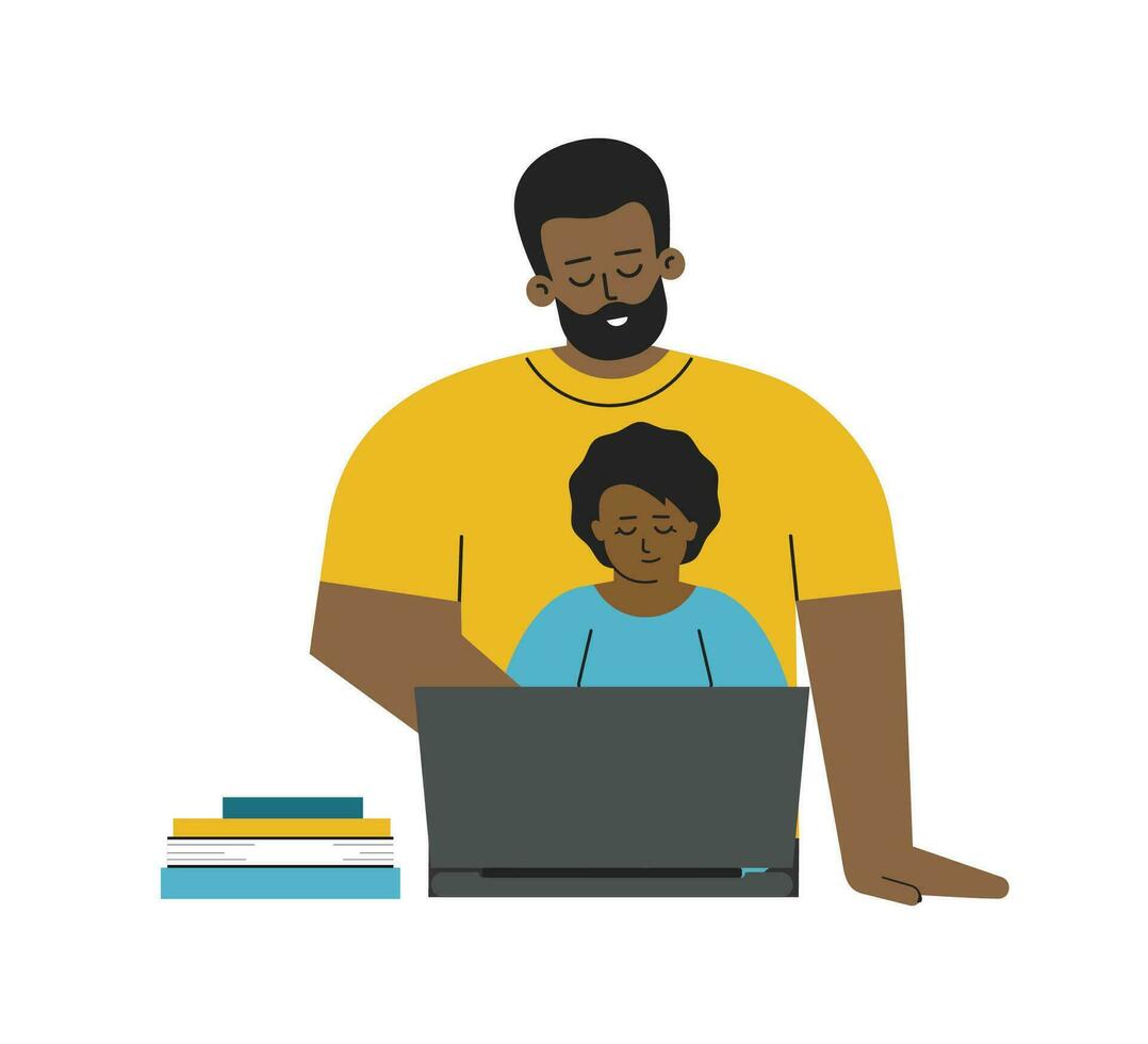 Vector isolated flat illustration. African American father and baby girl are sitting with laptop. Online education as part of home schooling in quarantine time, making homework with parent's help