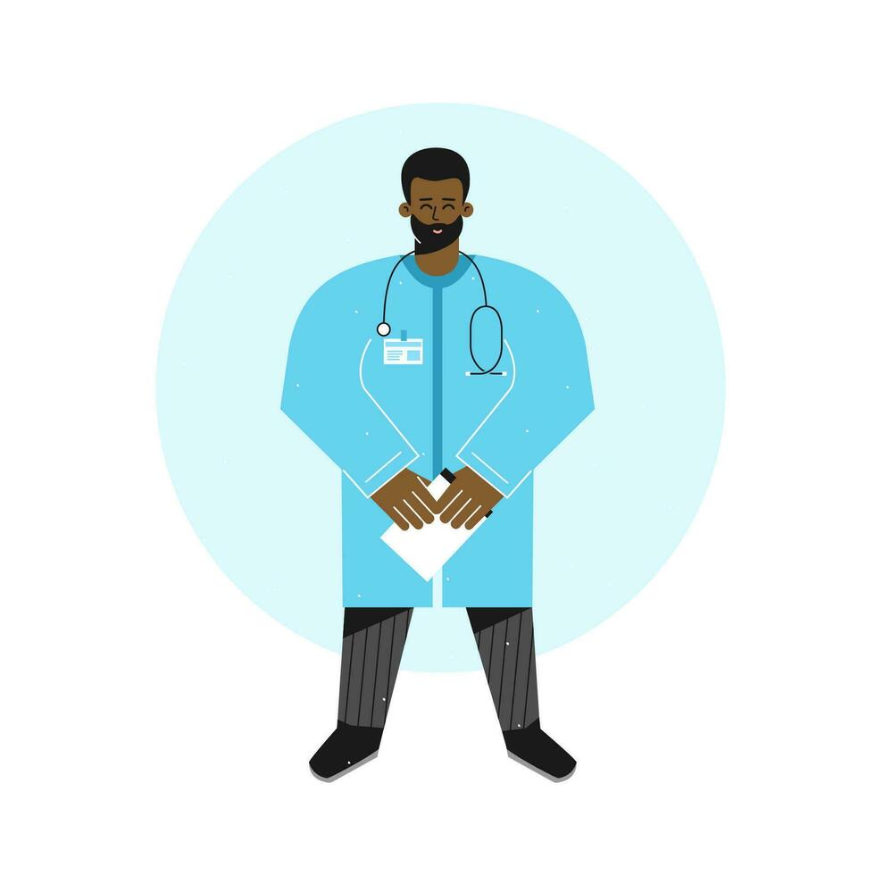 vector aislado plano concepto. africano americano médico en pie alto y participación documentos. simpático médico hombre es vestido en azul túnica y tiene estetoscopio. profesional muy calificado médico cuidado