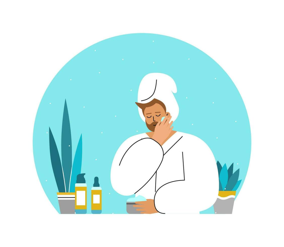 Vector flat isolated concept with smiling Caucasian adult man in bathroom, wearing in white towel, bathrobe. Daily skin care routine. Guy cleans face, uses cosmetic products cream, serum. Copy space