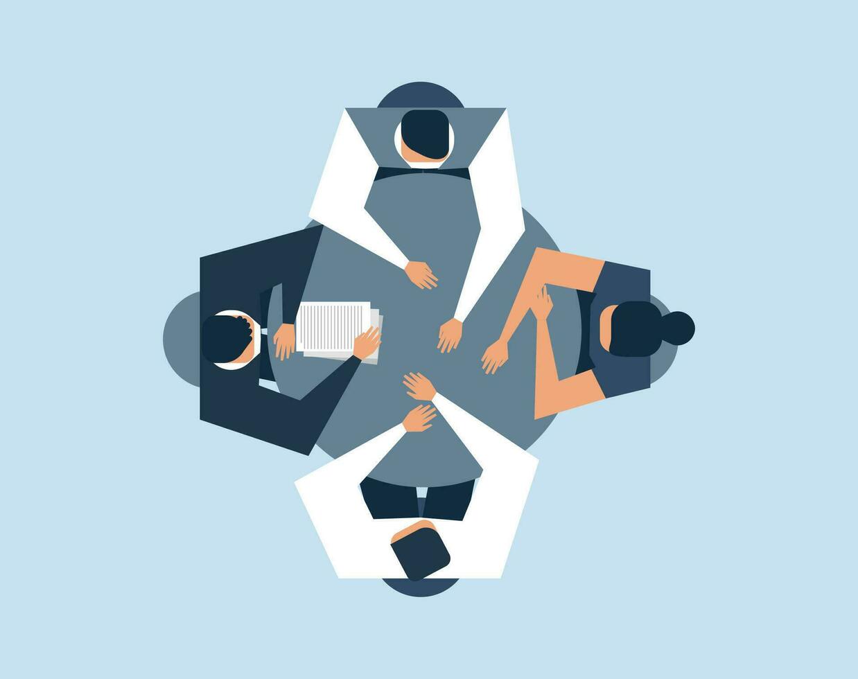Vector business llustration with flat characters of managers. Concept with office worker sitting at round table and discussing project. Brainstorm process of expert group. Team read contract