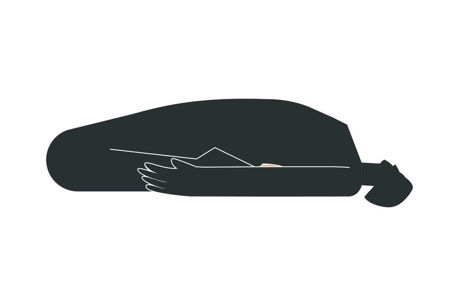 Vector isolated concept with flat black silhouette of female character doing finess. Athletic woman learns yoga posture - Reclining Hero Pose. Sportive exercise - Supta Virasana