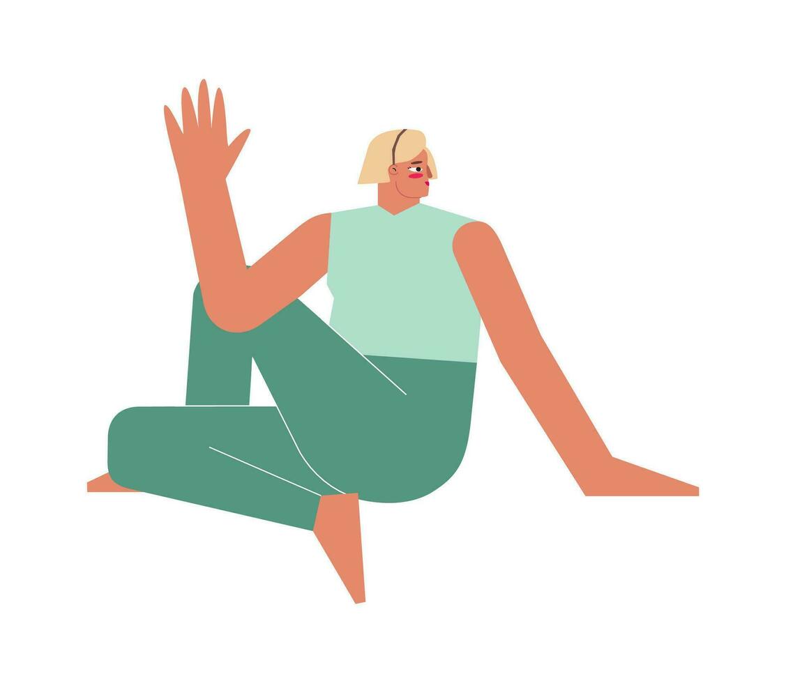 Vector isolated flat concept with female character. Sportive exercise - Half Lord of the Fishes Pose. Strong woman learns Twist posture - Ardha Matsyendrasana