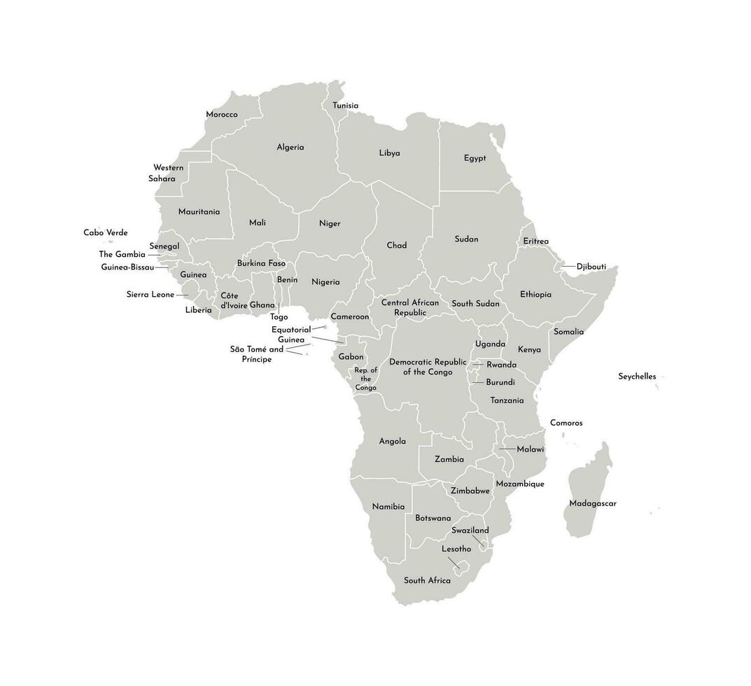 vector aislado ilustración con africano continente con fronteras y nombres de todas estados político mapa. blanco antecedentes y describir, gris formas