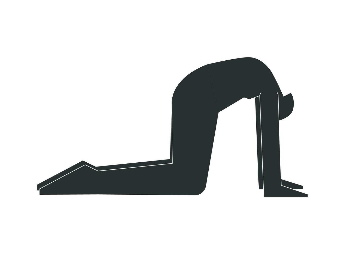 Vector isolated illustration with flat black silhouette of female person doing finess. Athletic woman learns yoga posture Marjaryasana. Sportive exercise - Cat Pose