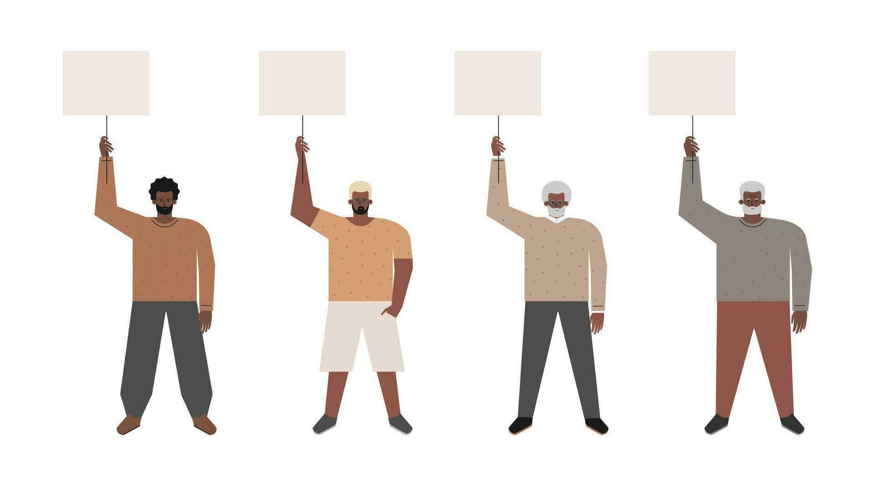 Vector isolated flat illustration. Set with picket and strike of African American guys holding posters with copy space. Young, adult and senior men fight for human rights, justice. Work stoppage