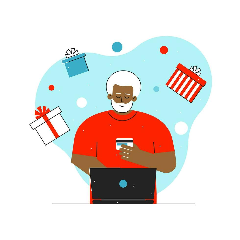 Vector flat concept. Cartoon african american senior man is online shopping before Christmas. Old man orders presents on Internet, using laptop. He enters credit card details on site with big sales