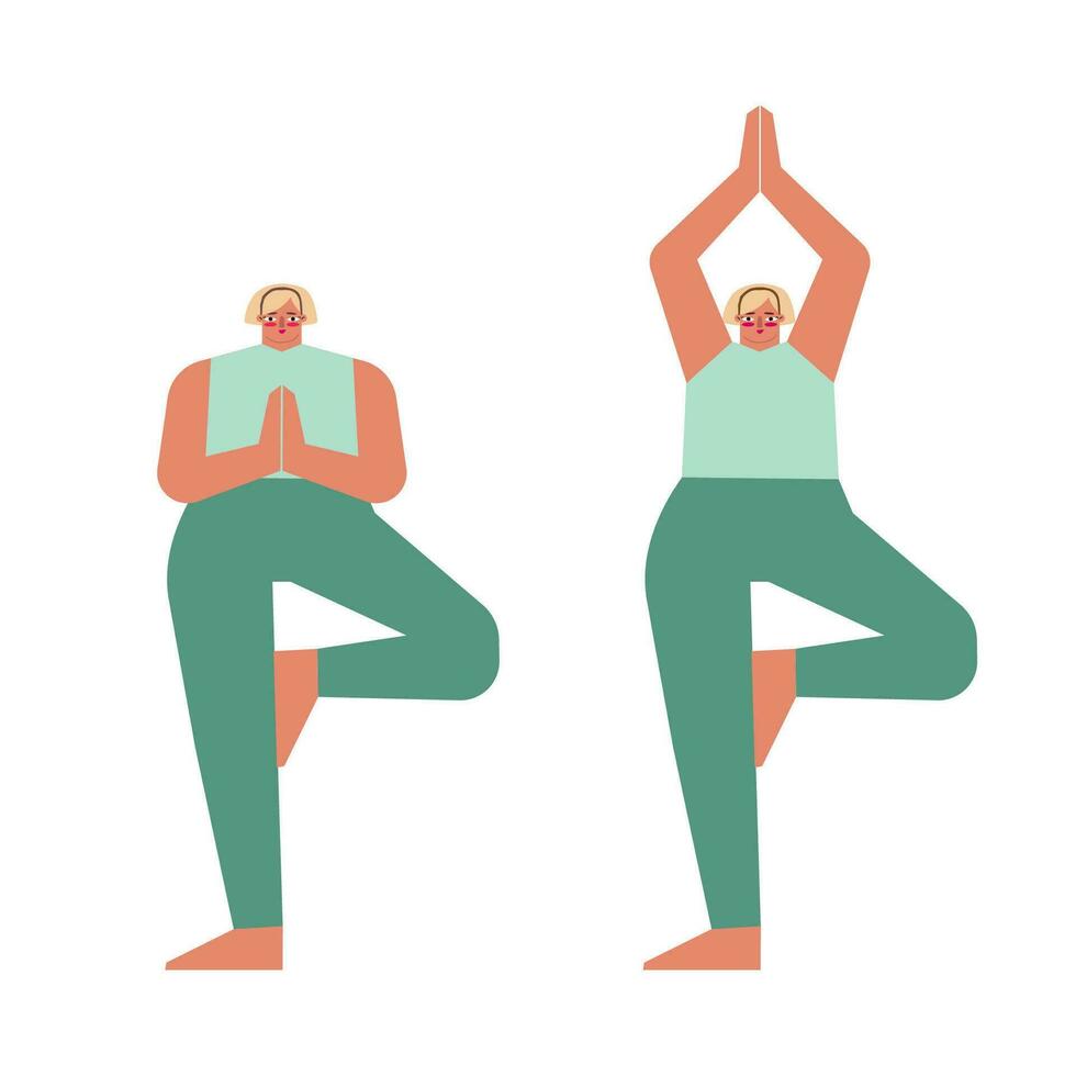 Vector isolated concept with flat female characters. Caucasian adult blonde woman learns balancing posture and does Tree Pose at yoga class. Core exercise for beginners - Vrksasana