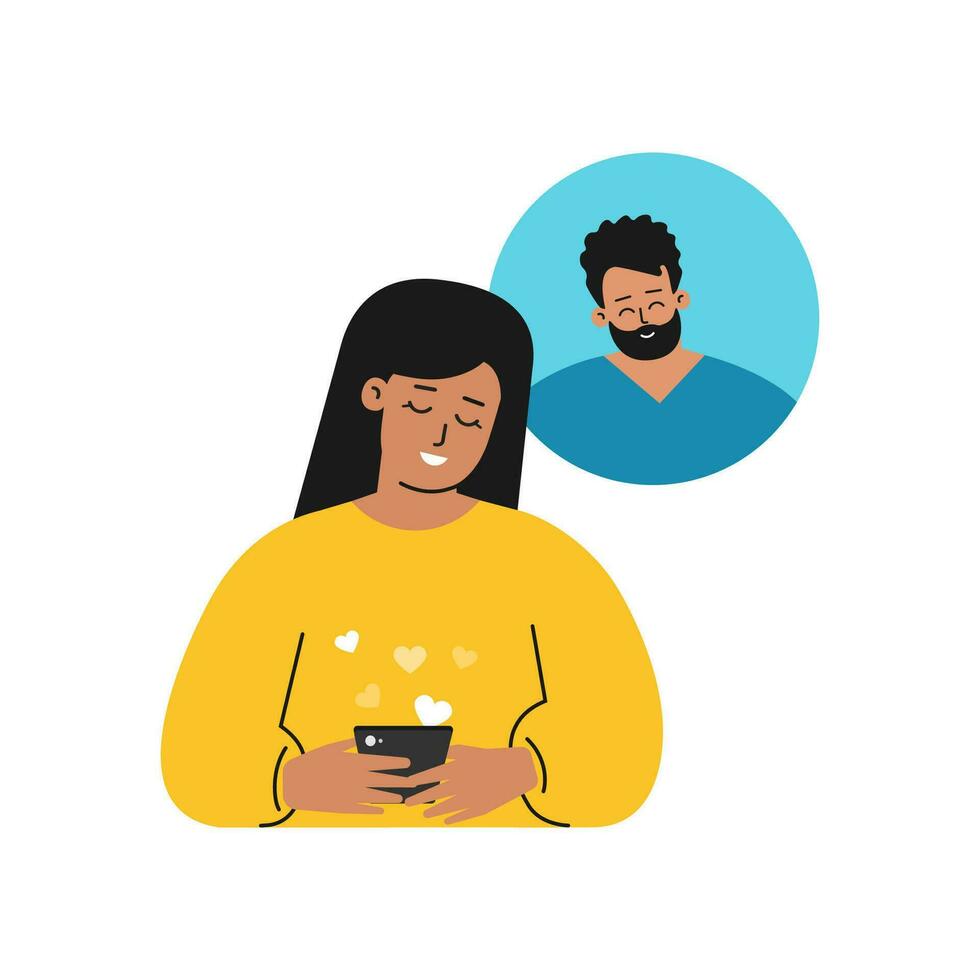 Vector isolated concept. Flat cartoon style. Happy handsome Caucasian woman is texting on phone with her boyfriend. Mobile app for online dating. Beginning of romantic relationship by modern gadgets