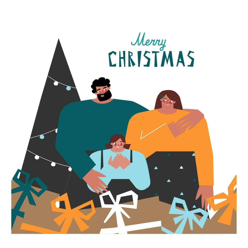 Vector concept of Caucasian family with father, mother, baby girl staying near gift boxes and xmas tree. Card with hand drawn text - Merry Christmas. Holidays together and presents unpacking by kid