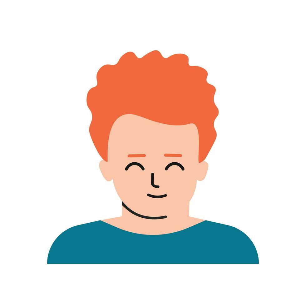 Vector flat isolated concept with portrait of cartoon character. Face of ginger child. Avatar of redhead preschool boy with bright skin. Cute little Irish man smiles. White background