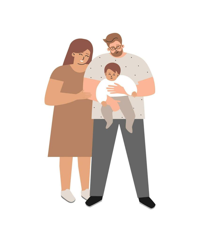 Vector isolated flat illustration with happy family. European foster father hugs adopted baby. Mother stands with them. Parents show love and care to infant child. Concept with life of foster care