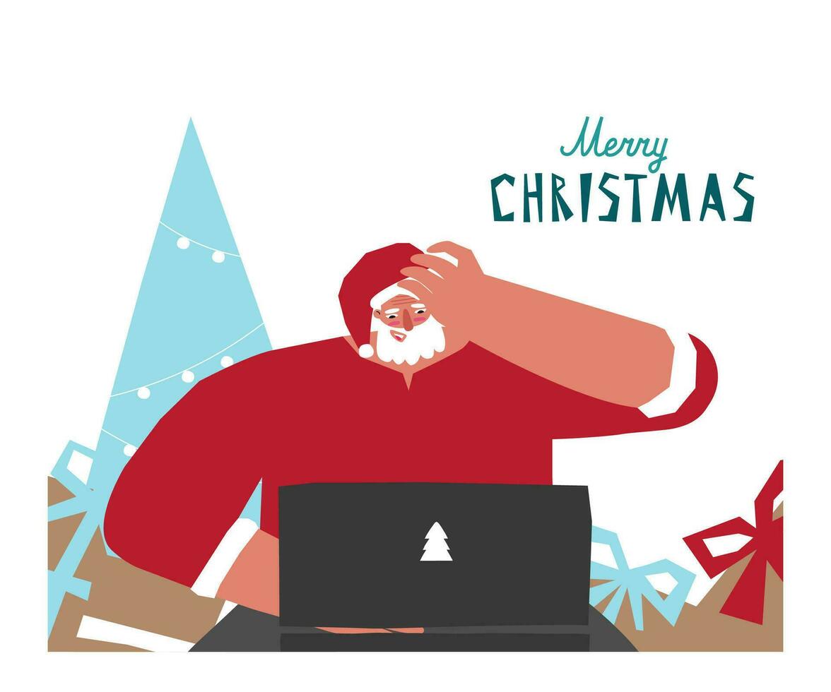 Vector concept with flat character of happy Santa Claus near gift boxes, christmas tree. He talks with kids using online streaming servises on his computer. Remote congratulation at winter holidays