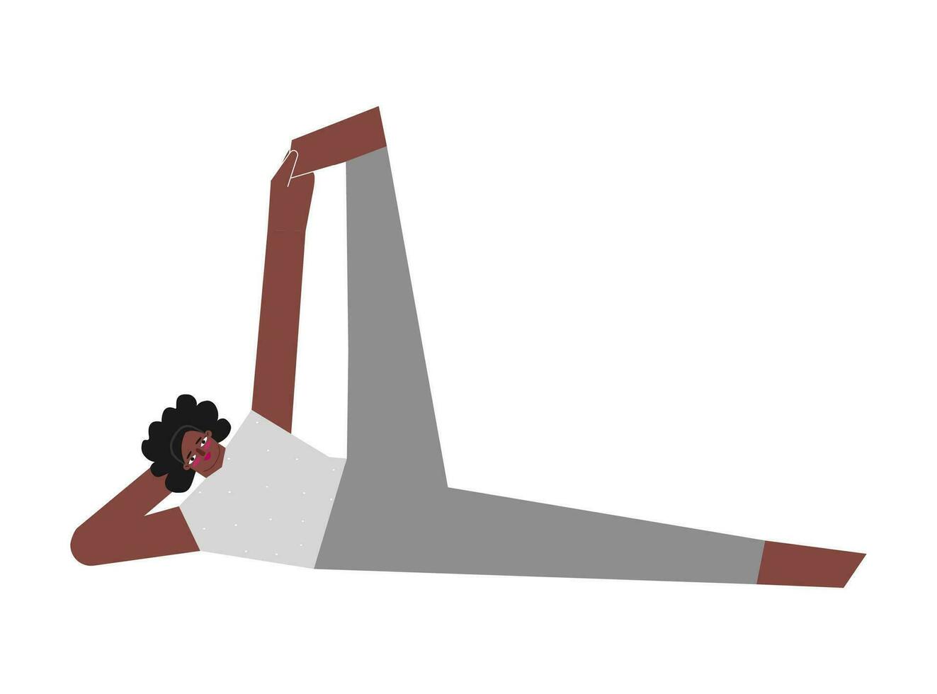 Vector isolated illustration with flat female african american character. Flexible body positive woman learns stretching posture and does Side Reclining Leg Lift at yoga class. Anantasana