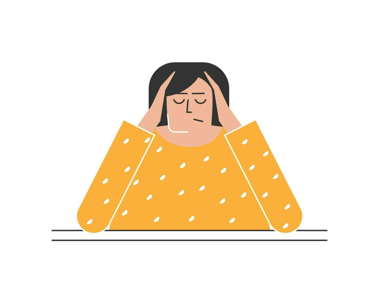 Vector isolated illustration. Flat concept about feeling trouble. Sad woman is sitting at table, resting her head on hands. She has stressful facial expression. Problem with mental health, depression