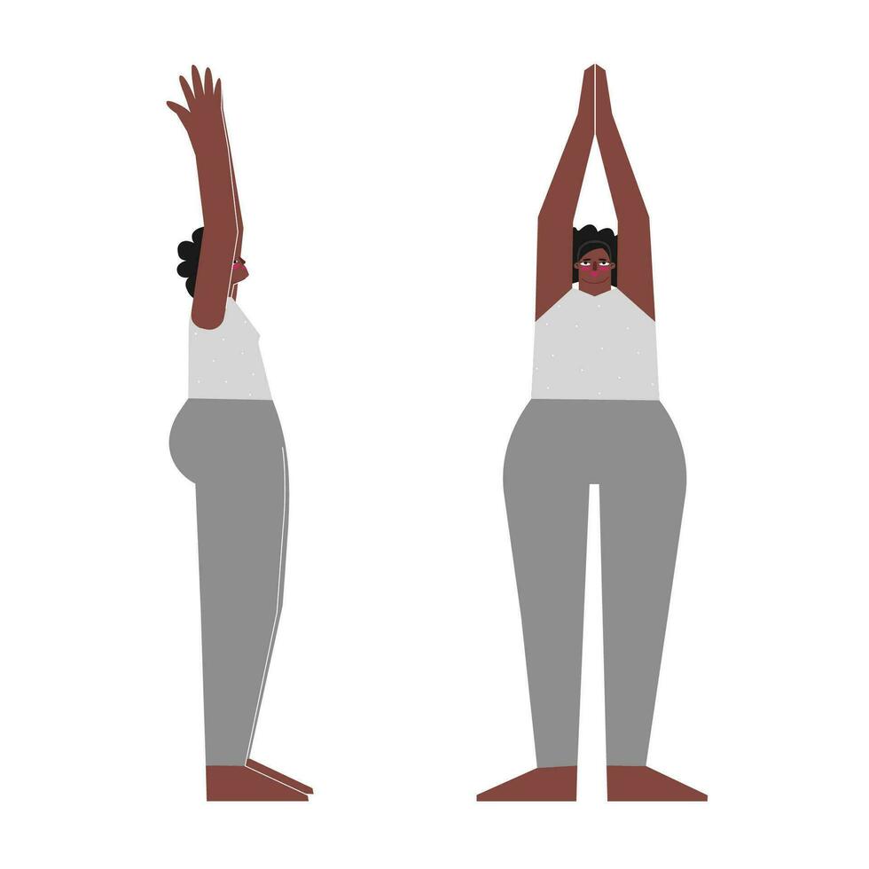 vector concepto con plano hembra africano americano personaje. fuerte cuerpo positivo mujer aprende en pie postura urdhva hastasana a yoga clase. aptitud ejercicio para principiantes - hacia arriba saludo actitud