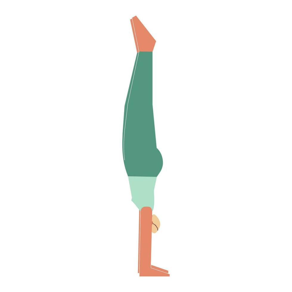 vector aislado ilustración con plano hembra personaje. juguetón mujer aprende equilibrio postura adho mukha vrksasana a yoga clase. aptitud ejercicio - parada de manos actitud