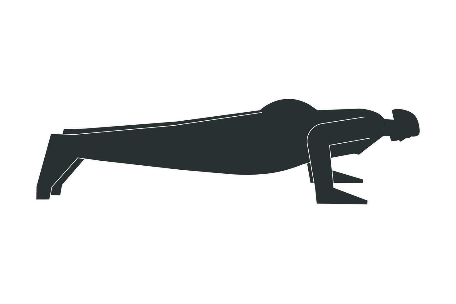 Vector isolated illustration with flat black silhouette of female character. Sportive woman learns yoga posture Chaturanga. Fitness exercise - Four-Limbed Staff Pose. Minimalistic linocut