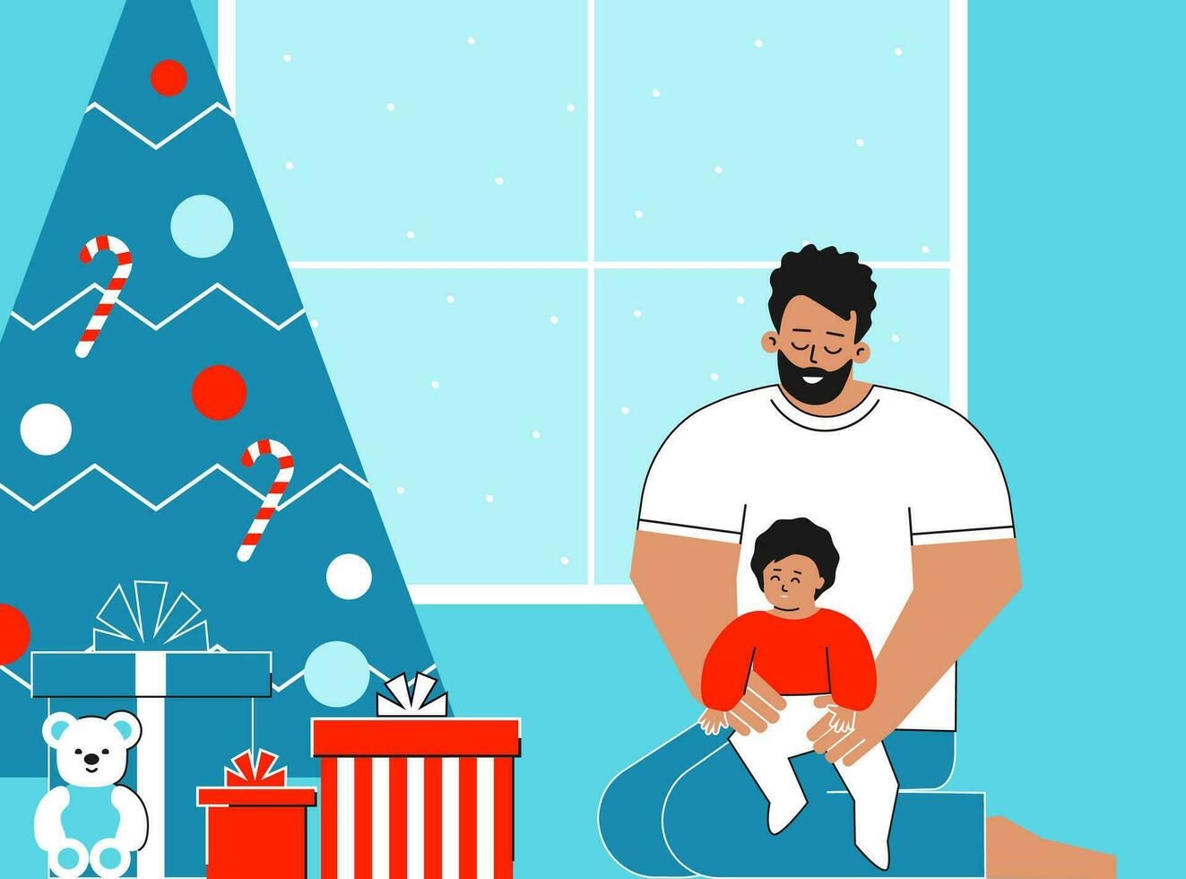 Vector isolated flat illustration. American father holds baby in arms. Room is decorated by red gift boxes and Christmas tree. Concept to design greeting cards for New year and Happy holidays