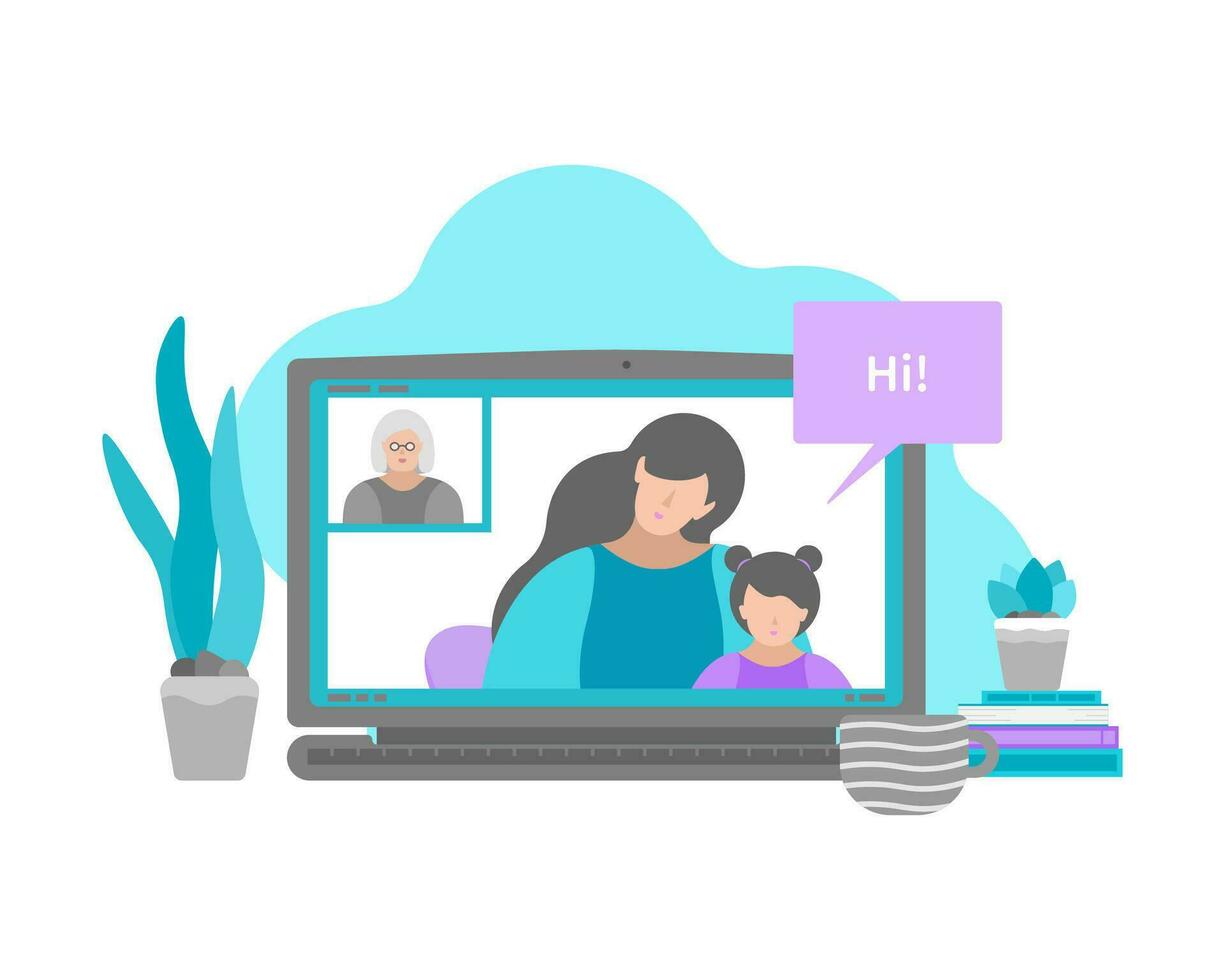 vector aislado plano ilustración con monitor de ordenador portátil y mayor mujer como abuela y niña con bebé en pantalla. tecnología de en línea vídeo charla con familia y amigos en cuarentena hora