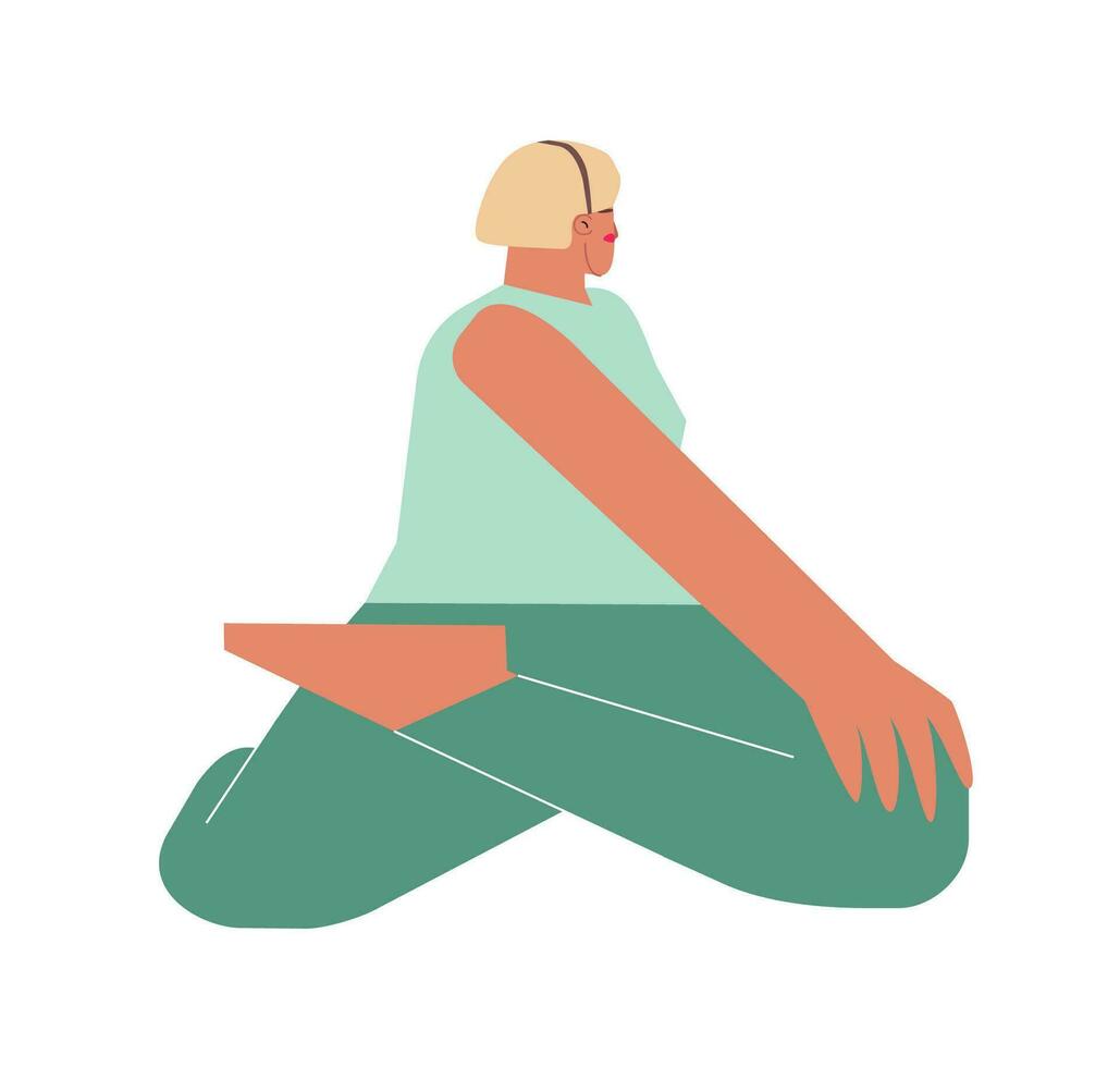 Vector isolated flat concept with female character. Sportive hip-opening exercise with - Bharadvaja's Twist pose. Strong woman learns posture - Bharadvajasana I