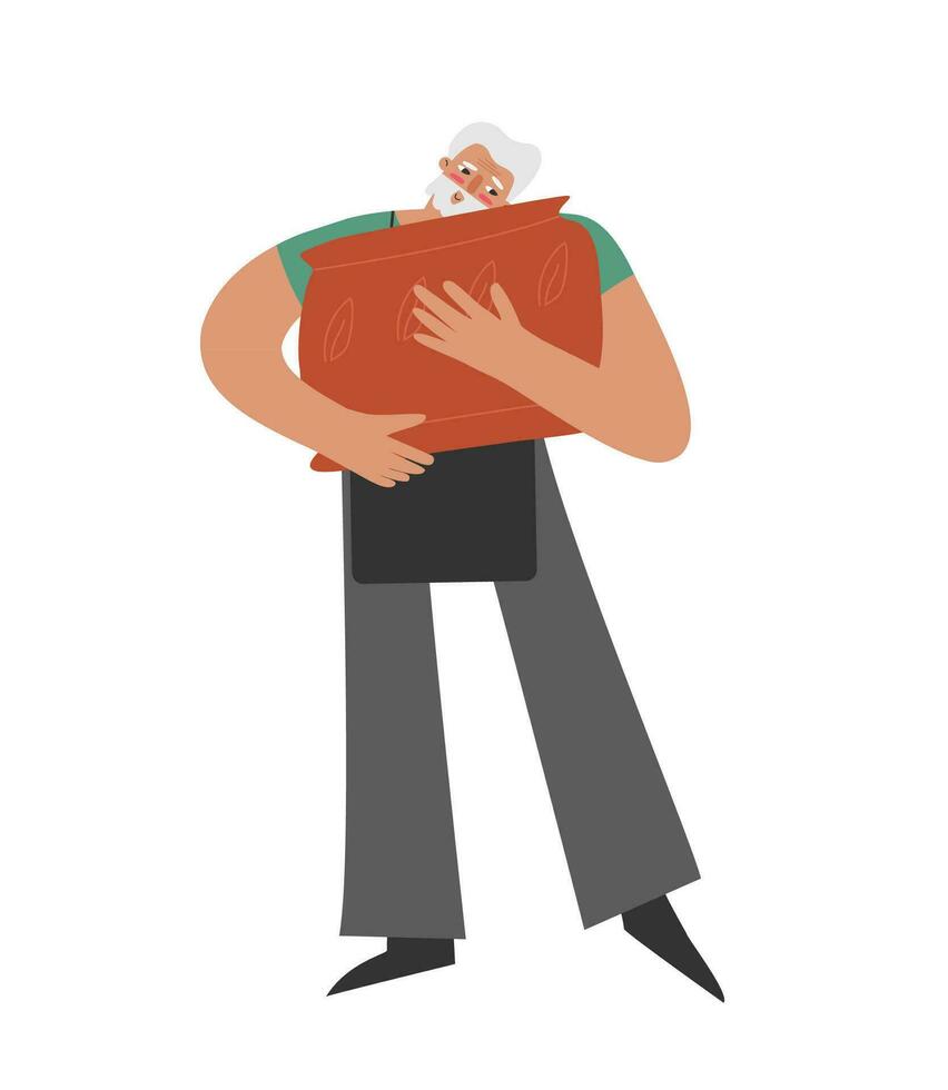 Vector isolated flat illustration with senior Caucasian man. Old student hugs ceramic pot which he made after class of sculpture. Favorite hobby and business of older master