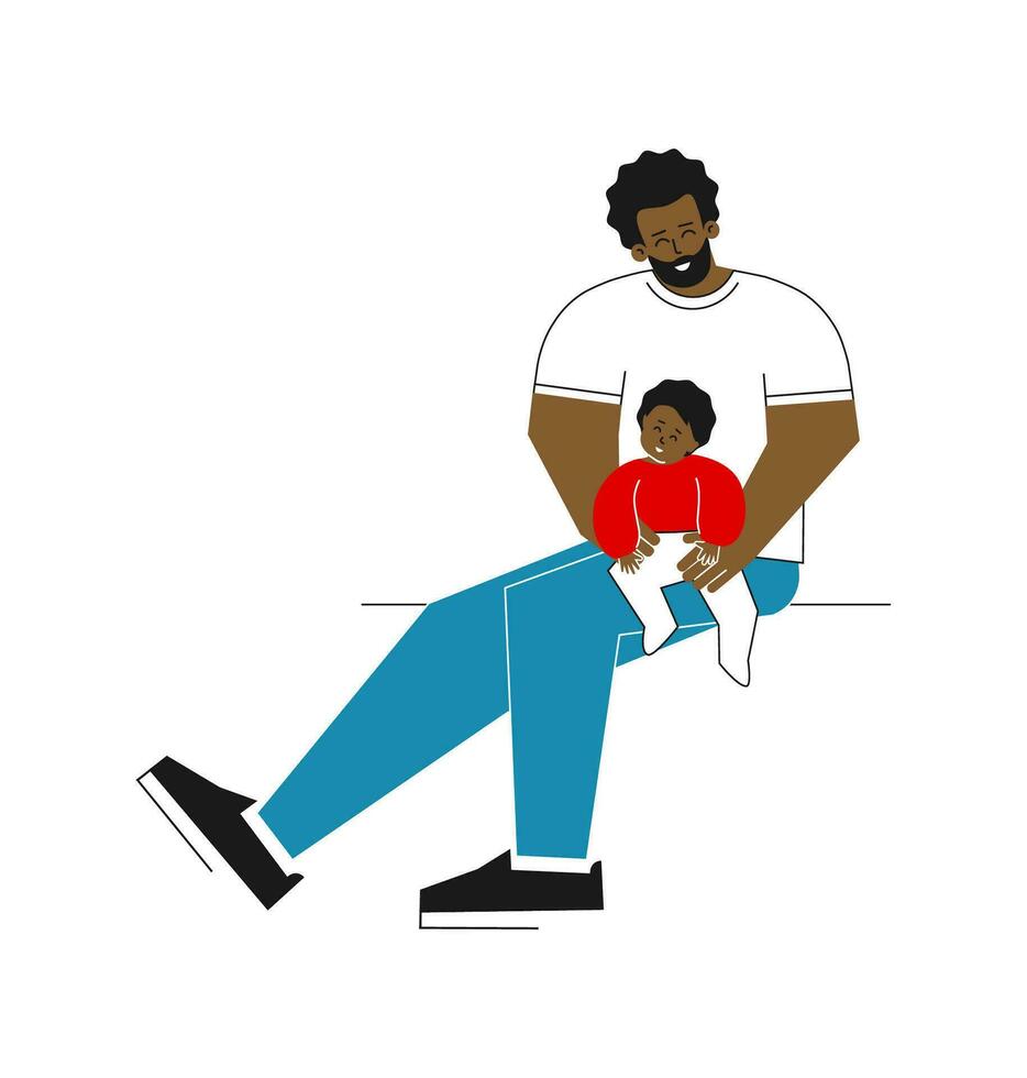 Vector isolated flat concept. Happy african american father sits and holds on hands little babby. Daddy smiles with his cheerful child. Young parent love play, spend time with infant. White background