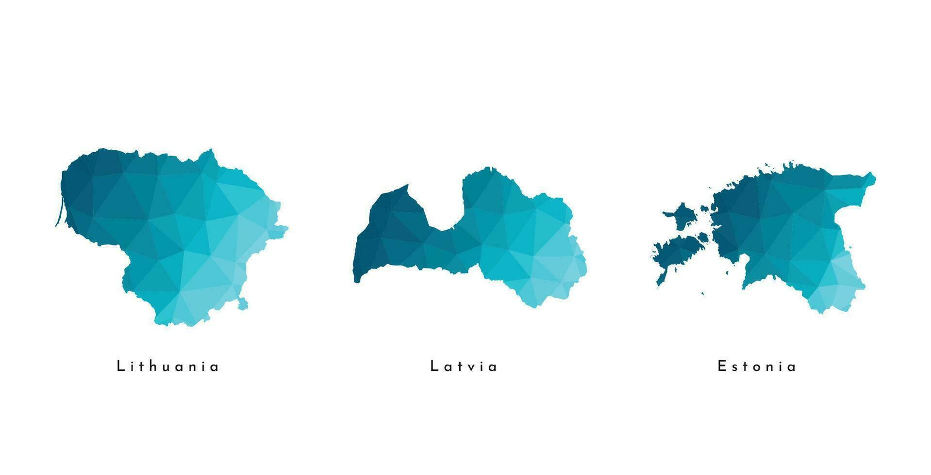 Vector isolated illustration icon with simplified blue maps of Baltic states - Estonia, Latvia, Lithuania. Polygonal triangular geometric style. White background.