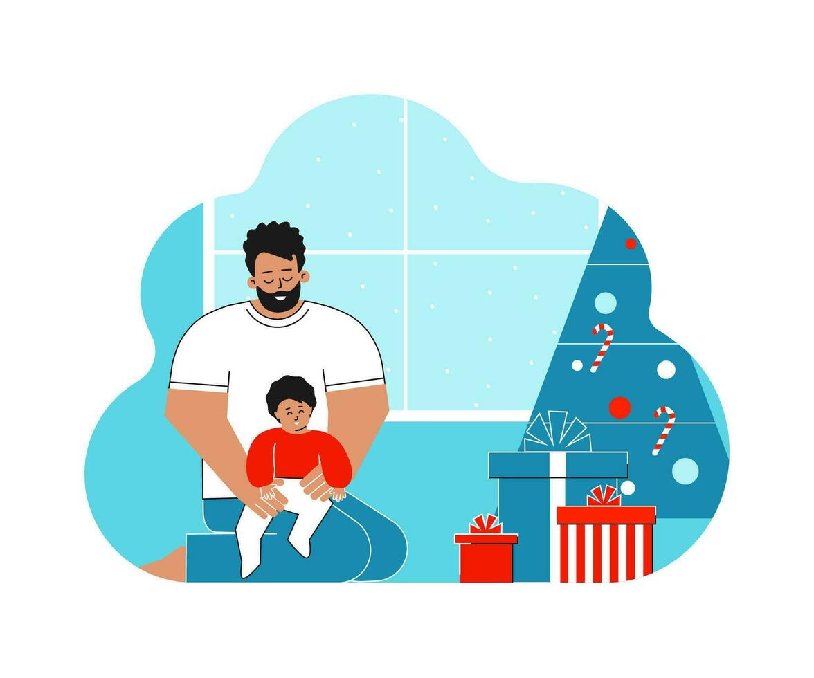 Vector isolated concept. Cartoon flat latin man is holding cute baby in his arms. Room is decorated by gift boxes and Christmas tree Template to design greeting cards for New year and Happy holidays