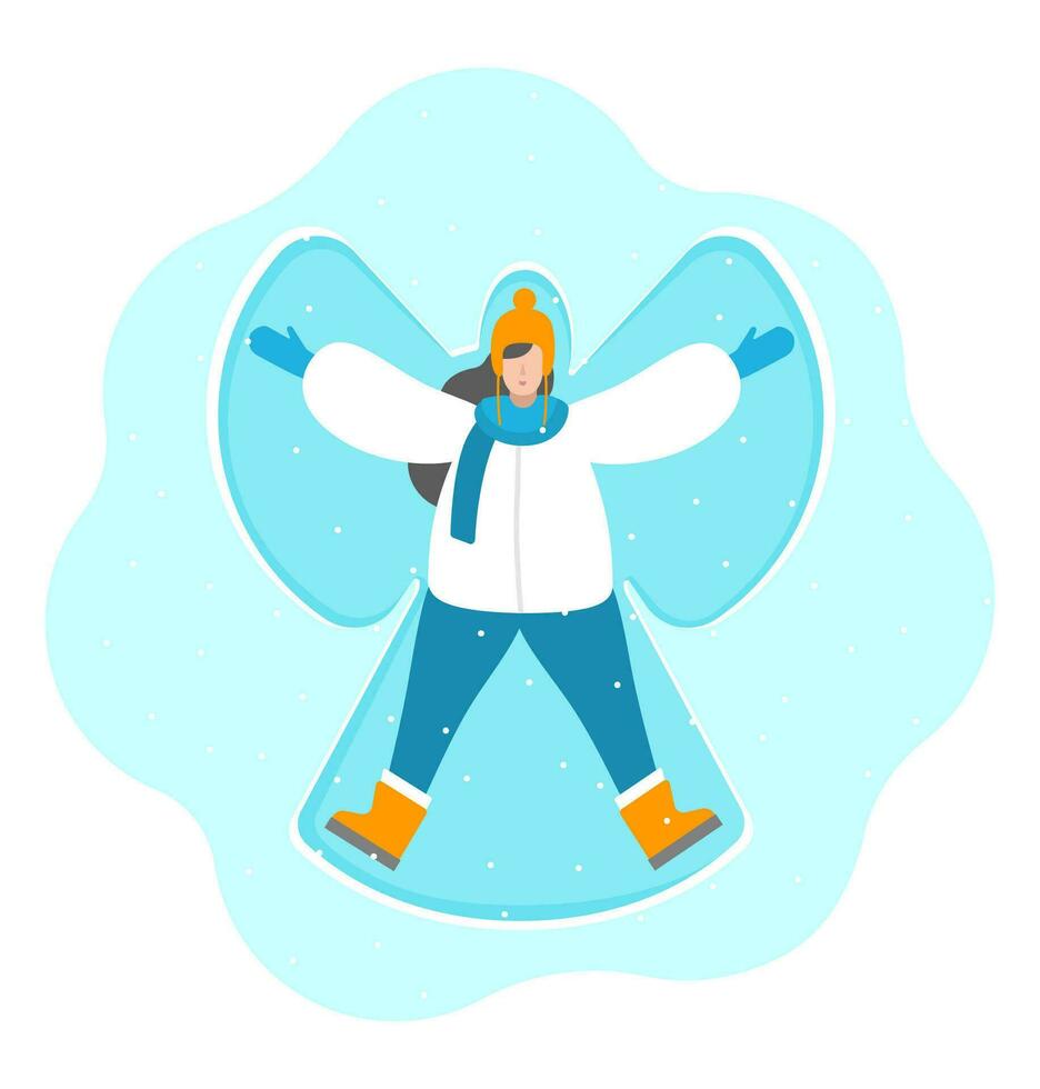 Vector isolated concept in flat style. Girl lies on her back in snow and makes snow angel. Funny activities in winter holiday. Woman is in finnish orange earflaps, boots, white down jacket, blue jeans