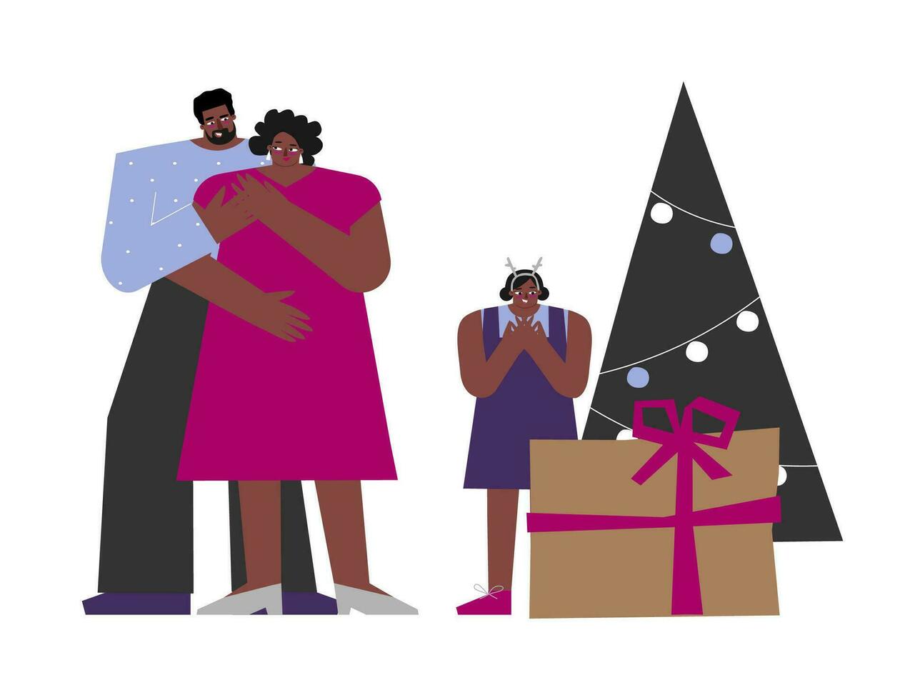 Vector concept of happy African American family with father, mother, girl staying near decorated xmas tree and gift box in craft paper. Celebration of Christmas holiday and presents unpacking by kid