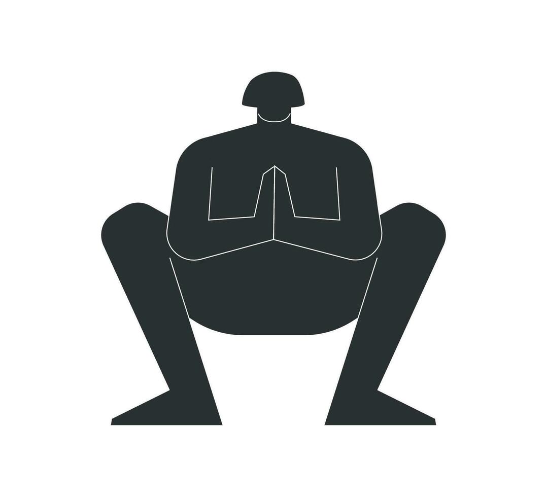 Vector isolated illustration with flat black silhouette of female person doing finess. Athletic woman learns yoga posture - Garland Pose. Sportive exercise - Malasana
