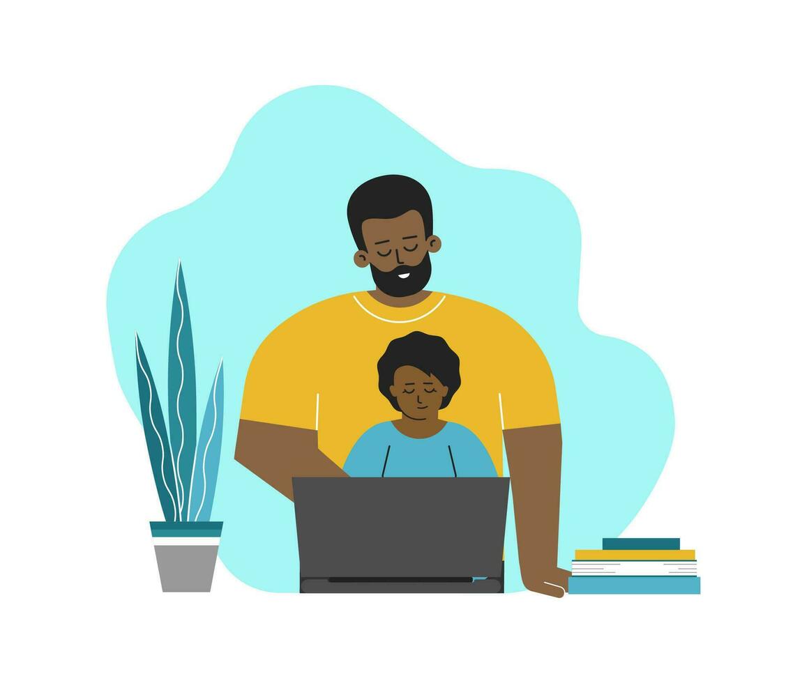 Vector isolated flat concept about domestic online education. African American father and little kid are sitting with laptop and books. Making homework together and communication. Home schooling