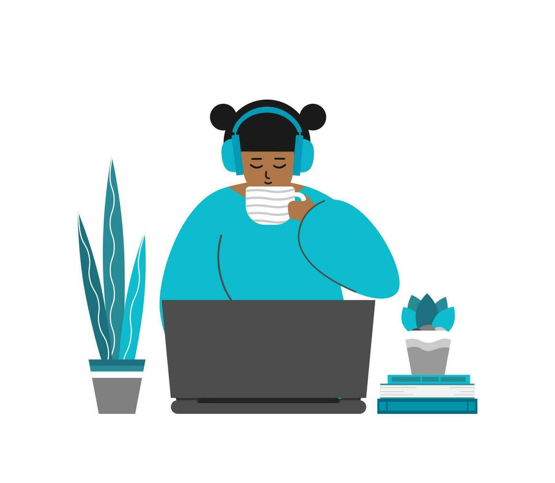 vector aislado plano ilustración. adulto joven asiático mujer se sienta con computadora portátil, taza de café. en línea educación y distante trabajo en en línea corriente Servicio en cuarentena tiempo. Lanza libre estilo de vida a hogar