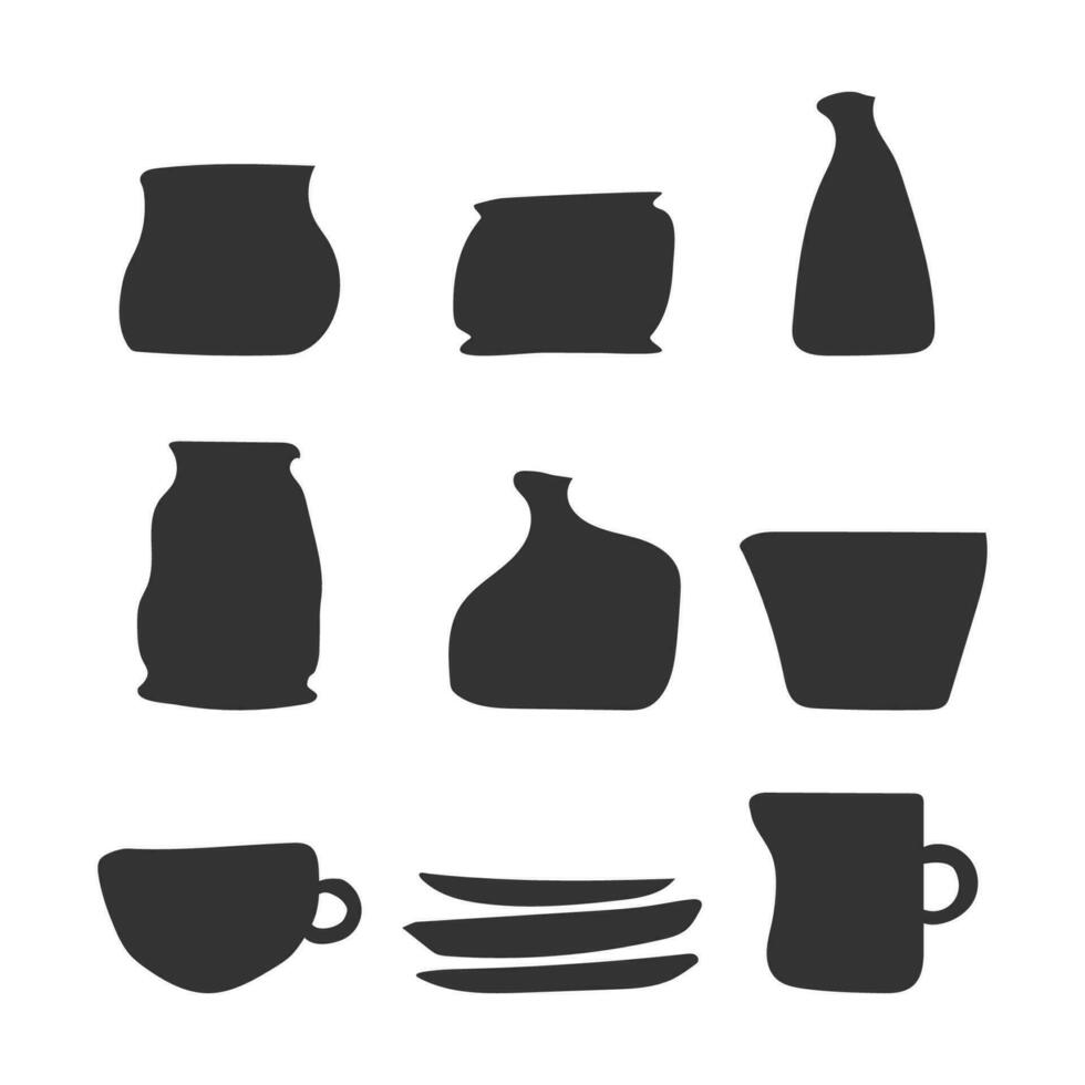 Vector set with isolated dark grey  icons of handmade ceramic dishes. Collection of hand drawn craft earthenware made in pottery wheel. Illustration includes vases, cup for tea, plates, jar, pot