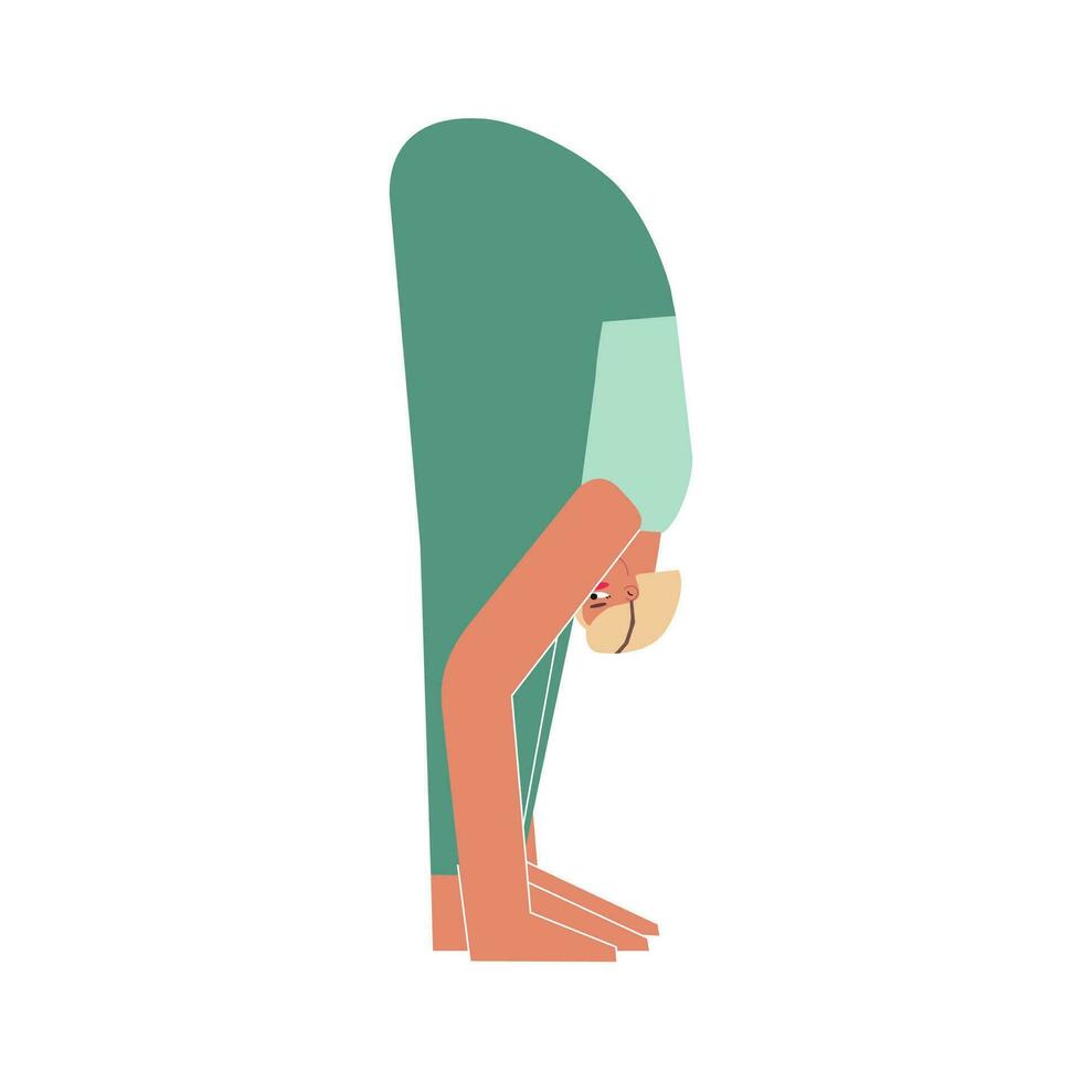 Vector isolated illustration with flat female character. Sportive woman learns posture Uttanasana at yoga class. Fitness exercise - Standing Forward Bend