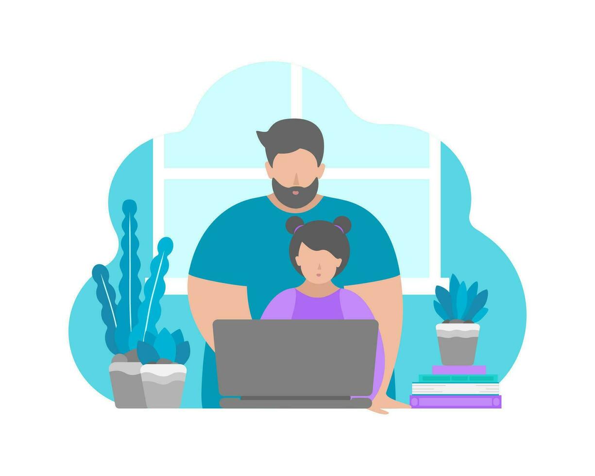 Vector illustration in flat style. Sitting father and daughter with laptop. Online education with class in quarantine time, making homework with parent's help. Home schooling. Blue and violet colours