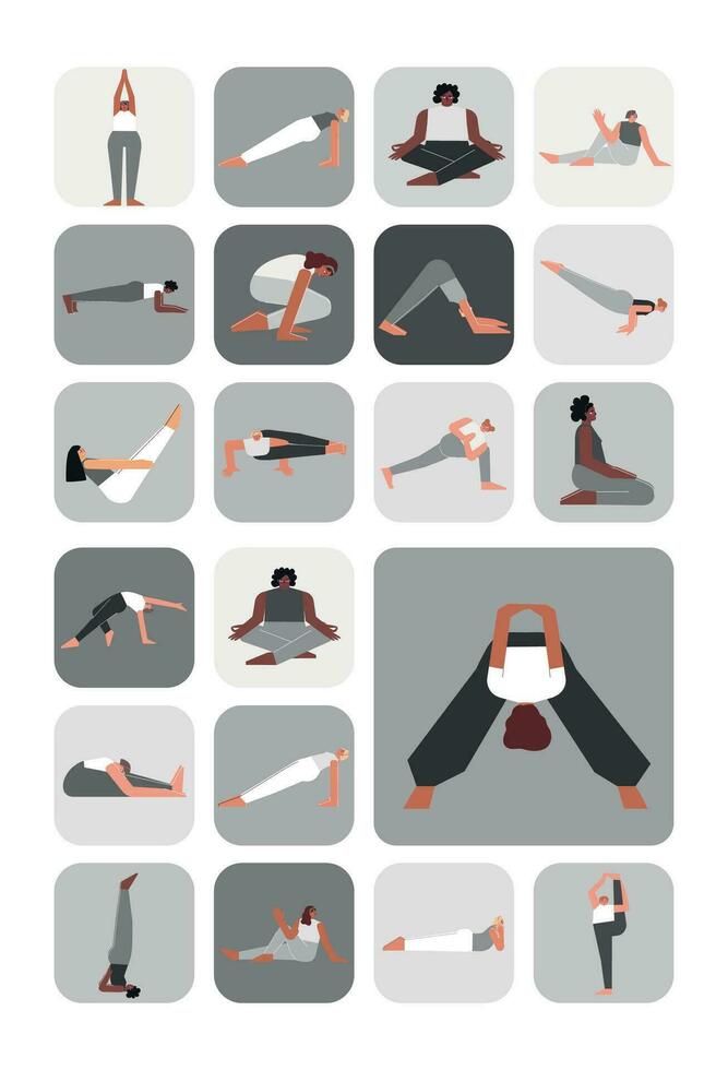 Vector illustration set for sticker pack with yoga poses. Flat monochrome collection on vertical A4 poster with asian, african and caucasian women making sport exercises like asanas, stretchening