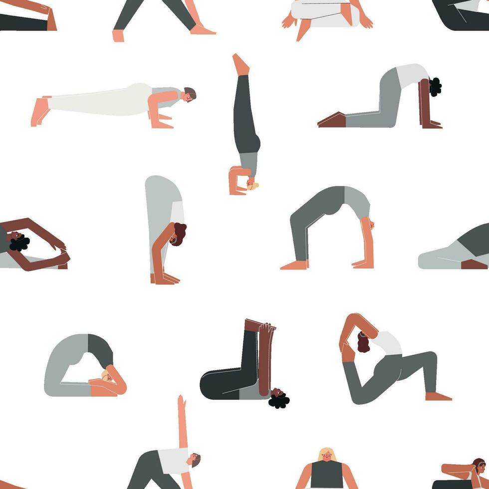 vector sin costura modelo con aptitud posa plano monocromo aislado colección con hispano, africano americano y europeo mujer haciendo yoga ejercicios me gusta asanas, estiramiento formación