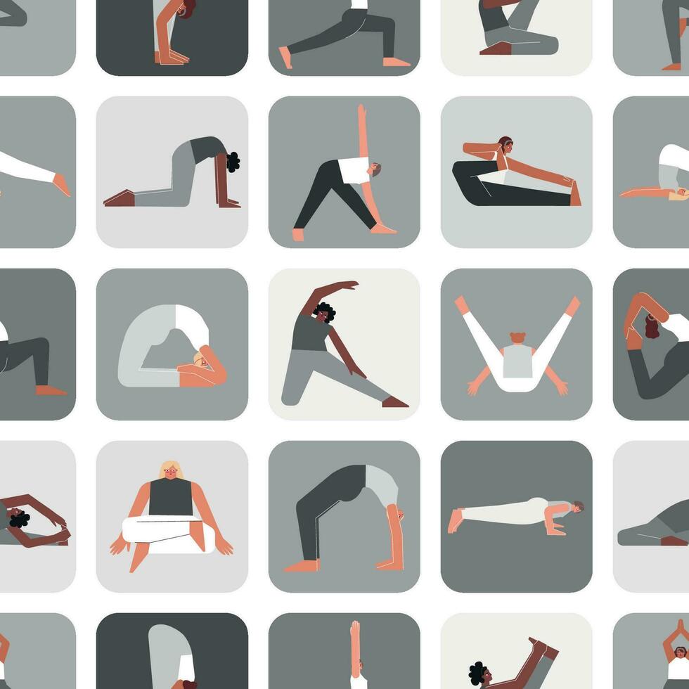 Vector seamless pattern yoga poses. Flat monochrome illustrated collection on square shape with hispanic, african and caucasian women making sport exercises like asanas, stretchening