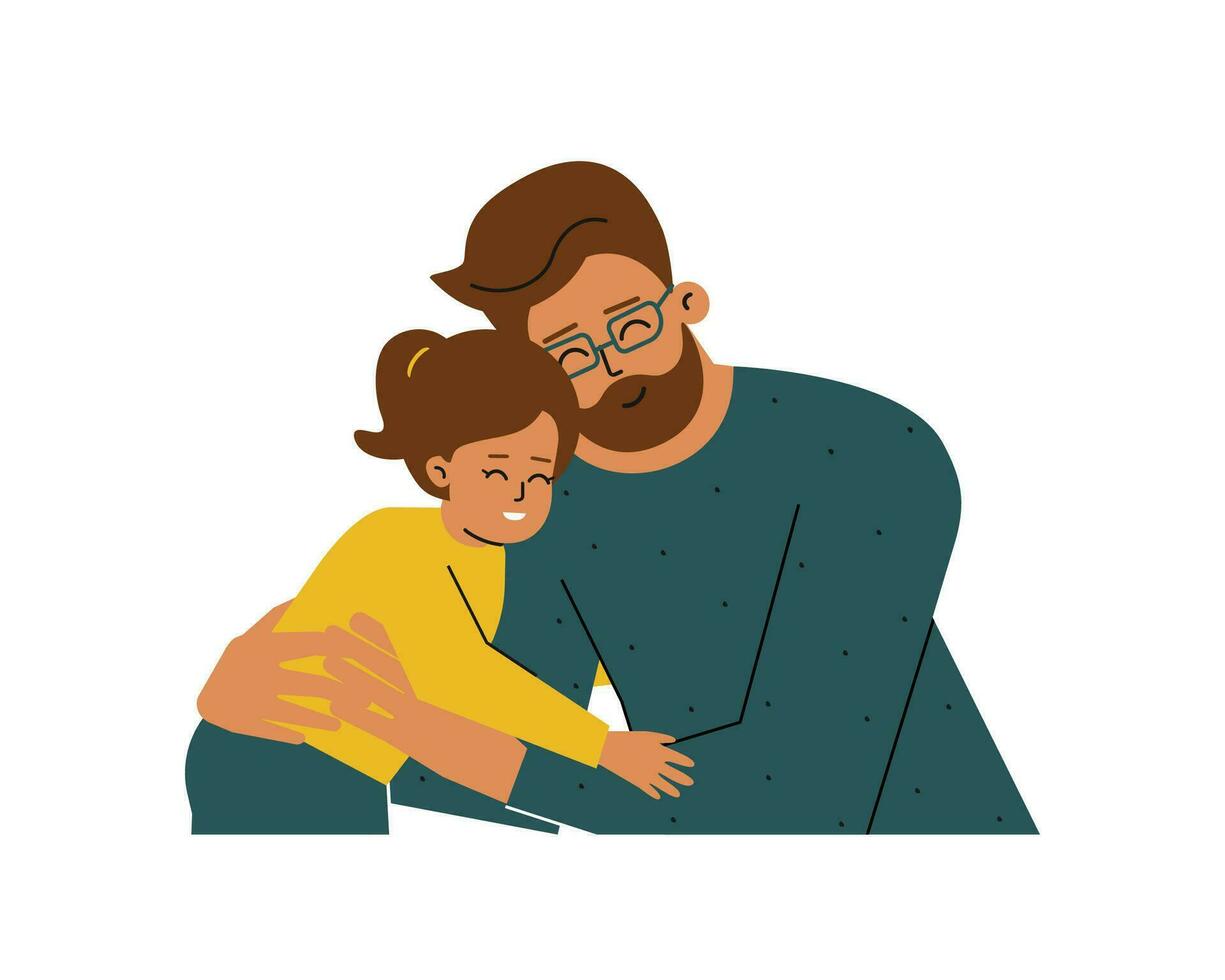 Vector isolated concept with portrait of cartoon characters. Young single father hugs little daughter. Latin daddy and baby girl are happy together, smiling. Healthy positive family relationships