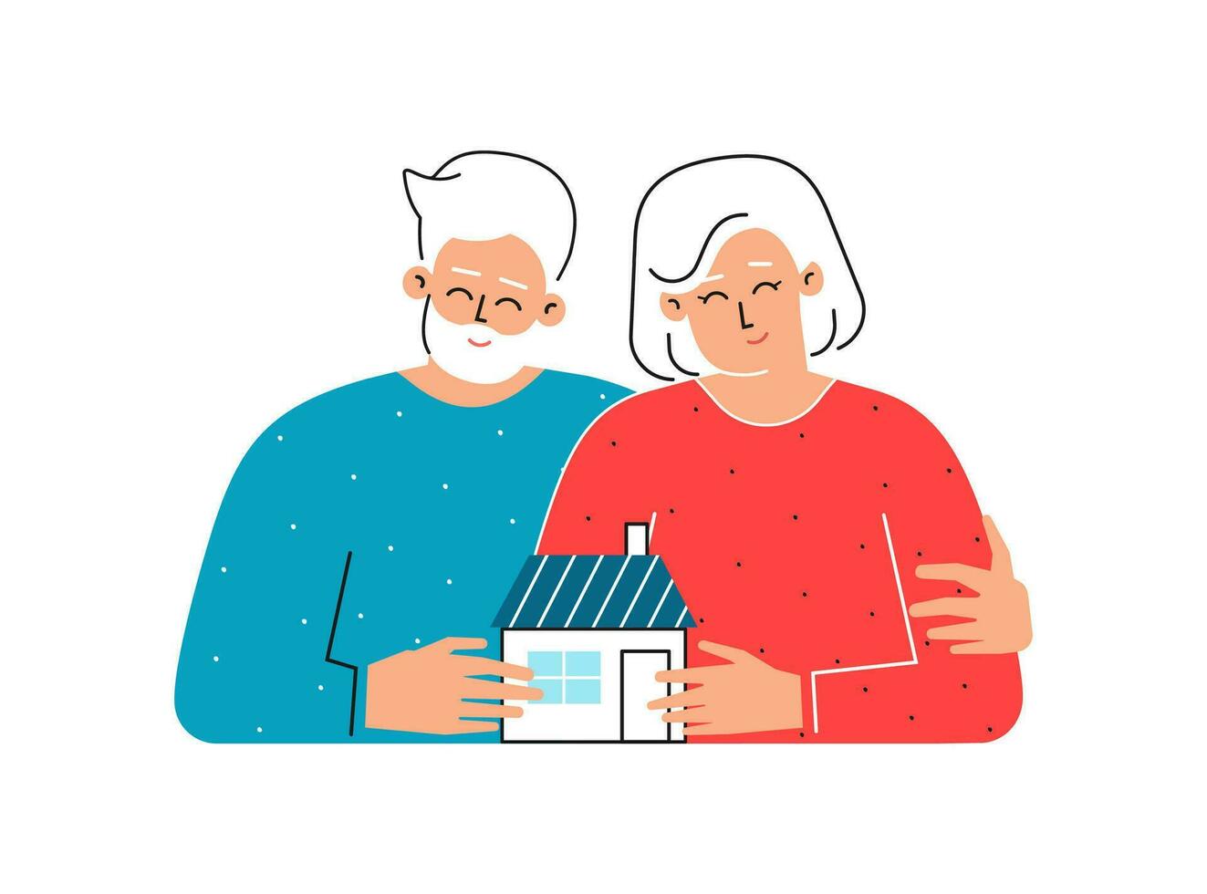 Vector flat isolated illustration. Cartoon senior owners hold little home. Old caucasian man hugs his wife. Pensioners are smiling cause bank approved loan to buy home. Happy elderly mortgagor