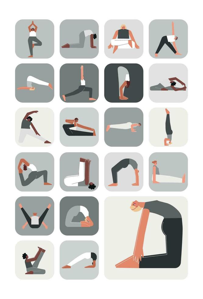 Vector illustration set for sticker pack with yoga poses. Flat monochrome collection on vertical A4 poster with asian, african and caucasian women making sport exercises like asanas, stretchening