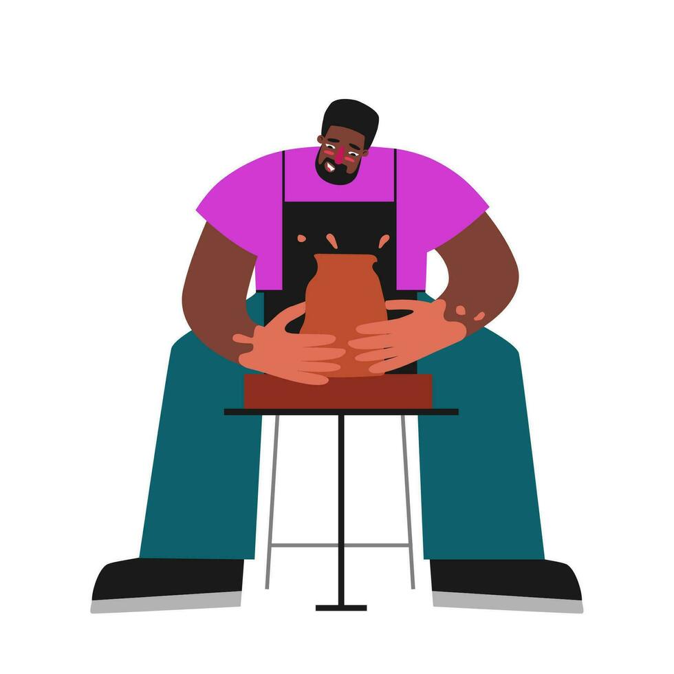 vector aislado plano ilustración con adulto africano americano hombre trabajando a cerámica rueda. estudiante aprende a hacer cerámico maceta. manos y delantal de contento chico son manchado con arcilla. creativo pasatiempo